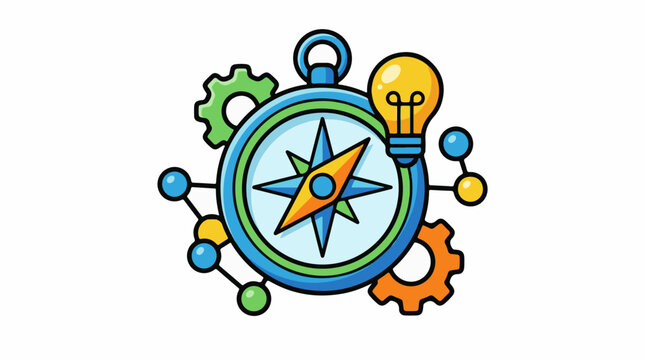 A colorful graphic illustration of a compass surrounded by gears and a lightbulb
