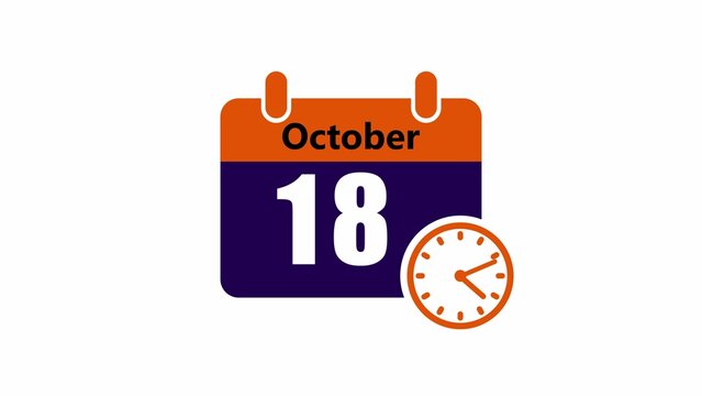 Flat calendar with october 18 date and orange clock