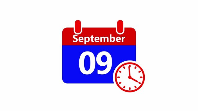 Red and blue calendar with september 9th date and clock, flat