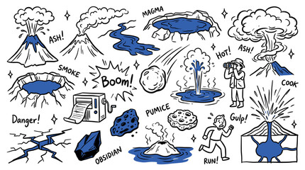 Obraz premium Hand-drawn doodle set of various volcano and geological activity elements with blue accents on a white background