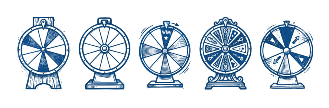 Five blue vintage style fortune wheels with various patterns and pointers, isolated on a clean white background