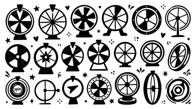 Collection of various black and white doodle style fortune wheels and spin game icons on a clean white background