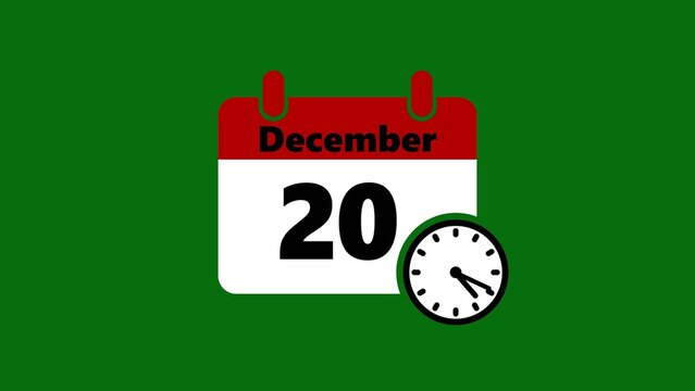 Red and white december 20 calendar page with clock, flat
