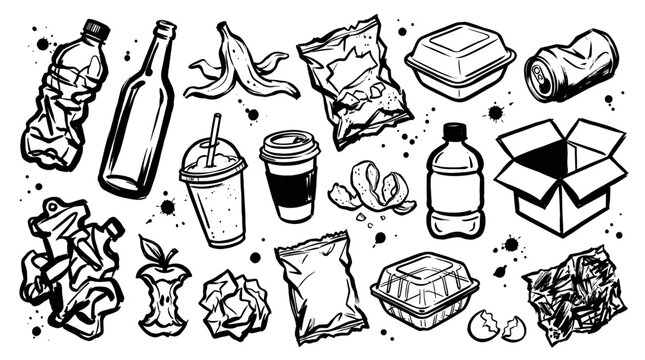 Various hand-drawn trash items including crumpled plastic bottles, food packaging, and organic waste, creating a messy pattern on a white background