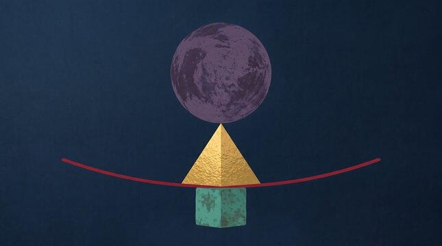 Conceptual balance of purple sphere atop gold pyramid and green cube with geometry equilibrium stability abstract conceptual composition structure minimalism alignment creative