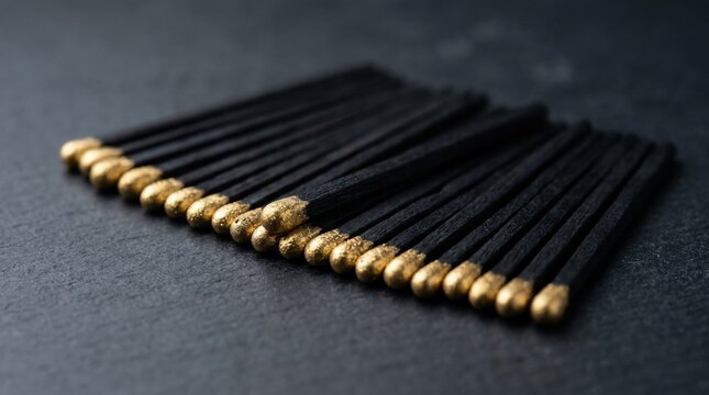 Collection of black matches with gold tips on dark textured surface