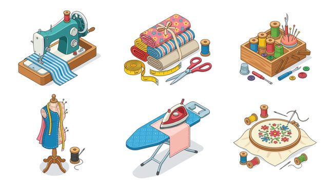 Sewing Supplies and Tailoring Tools Isometric Vector Set