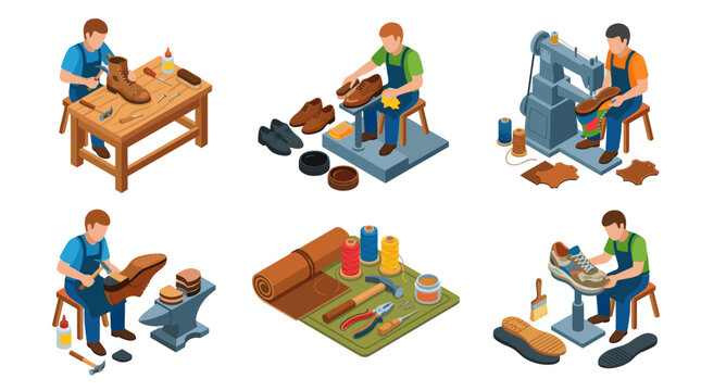 Shoe Repair and Cobbler Workshop Isometric Vector Illustration Set