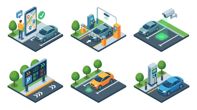Smart Parking and Vehicle Monitoring Isometric Vector Set