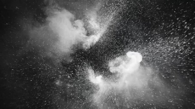 Abstract black and white explosion with particles and smoke creating a mysterious and dynamic visual effect