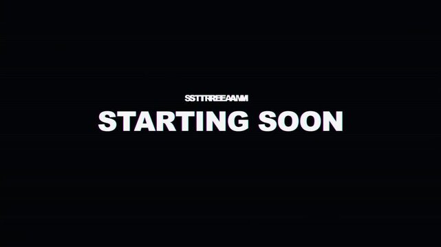 Starting soon stream screen, countdown timer, live broadcast preparation, vibrant purple bar, retro pixel art text effect, online event waiting screen