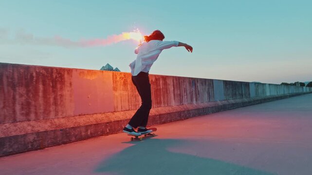 A young skateboarder navigates a sunlit path, a torch held aloft casting a radiant flare, embodying the carefree spirit of youth culture and the adventurous lifestyle of adolescence.