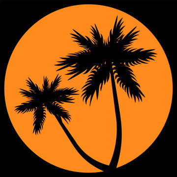 Retro Palm Trees on Sunset in 1980s Synthwave Style Vector Illustration