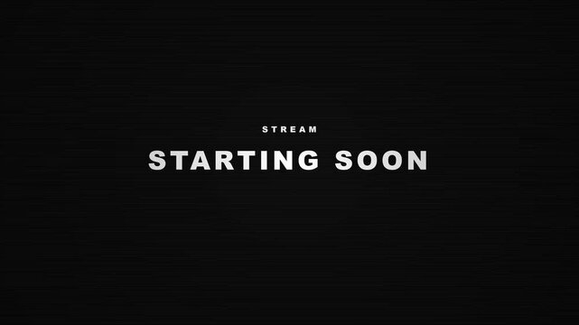 Retro pixelated 'starting soon' text overlay, retro gaming, vintage computer screen, glitch effect, dark background with horizontal lines