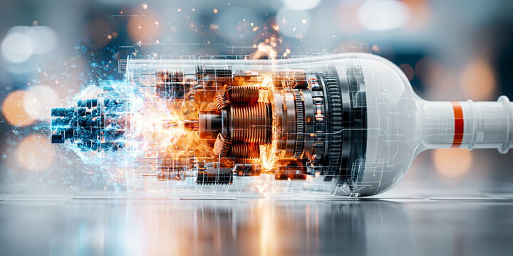 Detailed rocket engine cutaway with fiery combustion