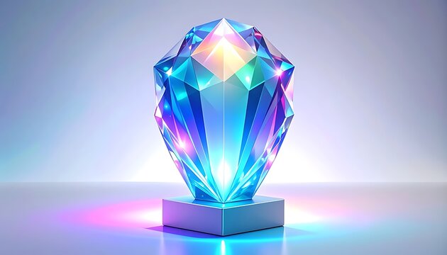 A large, faceted crystal on a square base emits colorful light