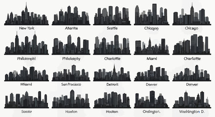 Obraz premium Grayscale city skyline vector collection of US major cities silhouettes. Stylized urban landscape illustration set featuring modern cityscapes on whit