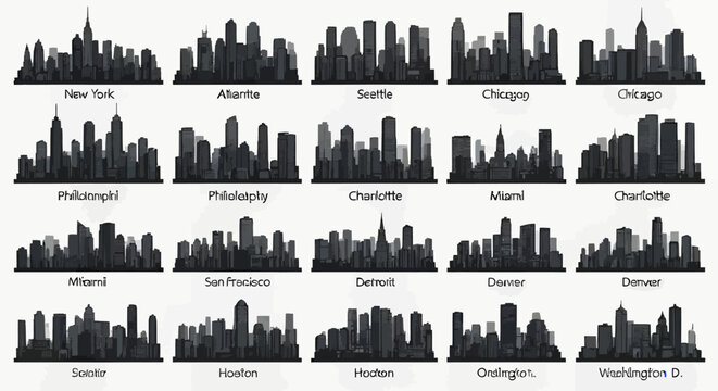 Grayscale city skyline vector collection of US major cities silhouettes. Stylized urban landscape illustration set featuring modern cityscapes on whit