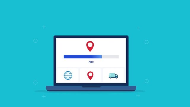 Modern flat vector animation of a laptop displaying a location tracking dashboard with map pin, globe, delivery, and progress bar. Ideal for logistics, navigation, mapping, and web technology projects