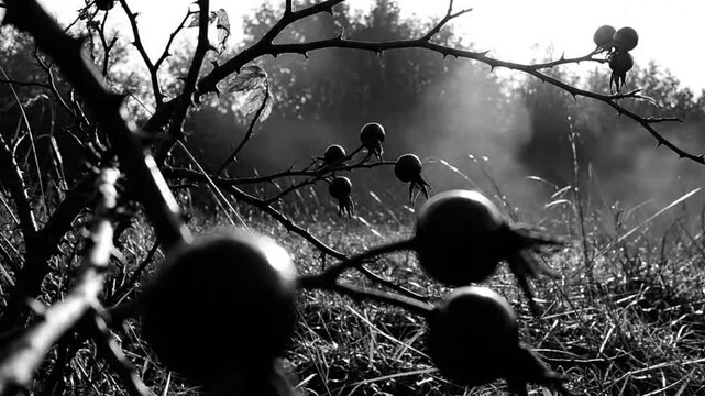 Black and white close up of rose hips with thorns and sunlit forest in the background