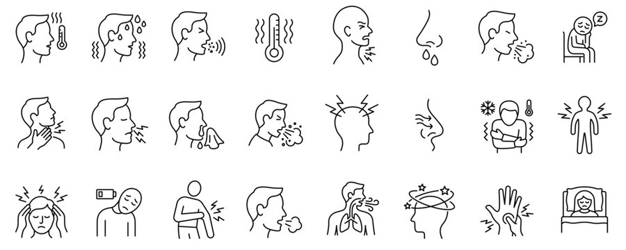 Line icons set of flu, cold, and virus infection symptoms. Vector illustration.