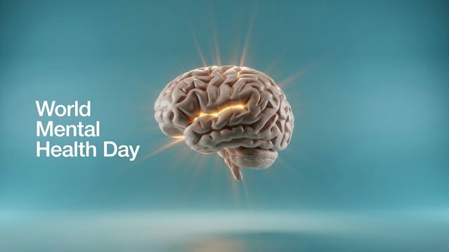 World Mental Health Day creative concept with 3D brain and light rays