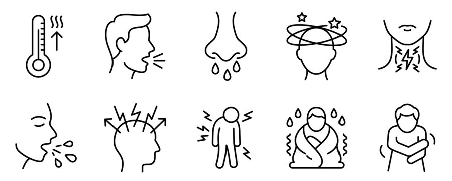 A set of line icons with flu and cold symptoms, including high temperature, coughing, runny nose, headache, sore throat, and body aches. Vector illustration.