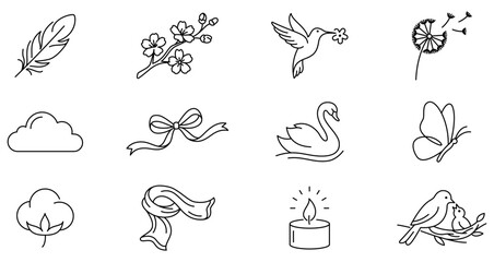 Obraz premium Set of nature, tenderness, and comfort icons, symbols for harmony, natural beauty, tranquility, and home warmth. Vector illustration