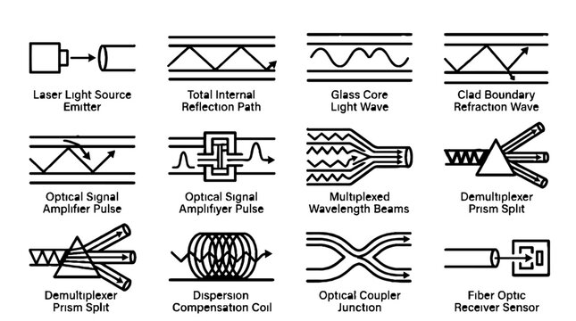 Technical Diagram of Fiber Optic Communication Principles and Laser Light Physics Symbols.