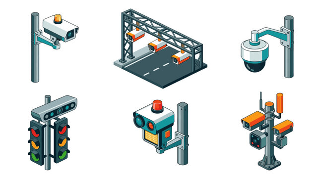 Traffic Cameras and Road Surveillance Isometric Vector Set