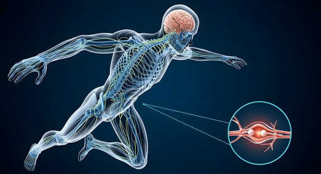 Digital illustration of human nervous system with highlighted nerve inflammation.