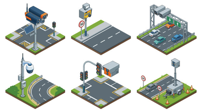 Traffic Cameras and Road Surveillance Isometric Vector Set