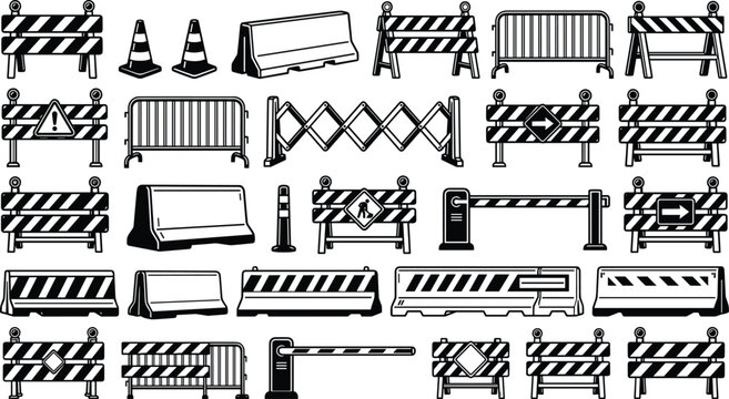 Road construction barriers and traffic control icons set with safety cones barricades fence and warning signs vector illustration