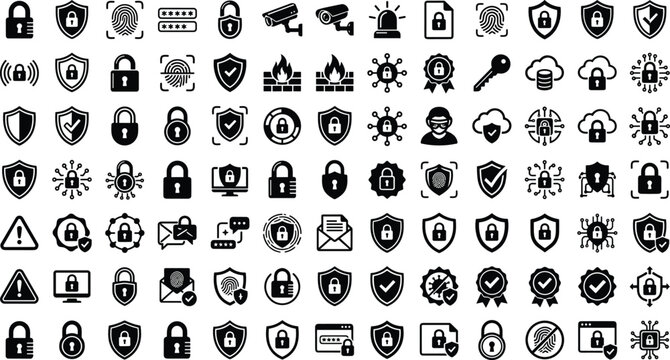 Cyber security and data protection black silhouette icons set with padlock shield camera fingerprint and firewall vector elements