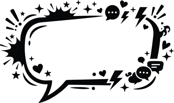 Comic speech bubble frame with dynamic star burst lightning bolt heart and chat icons border vector illustration