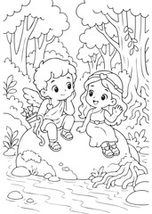 Fototapeta premium coloring book page of a curious cupid duo with cheerful expressions in a tropical jungle riverbank