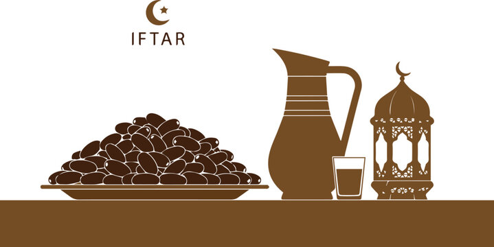 Brown iktar meal setup with dates lantern and jug isolated on white background