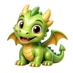 Fototapeta premium Cute cartoon green dragon with orange wings and horns on white background