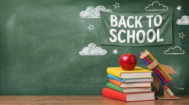 Back to school a stack of colorful books topped with a red apple and a rocket made of pencils on a blackboard background with chalk drawings.