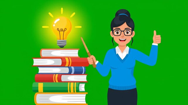 A cartoon woman with glasses and a blue sweater stands beside a stack of books with a lightbulb above