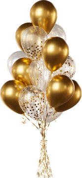 Balloon bouquet with transparent, gold confetti, and gold balloons isolated on a transparent background. A bunch of realistic balloons for birthdays, weddings, anniversaries, New Year, and events..