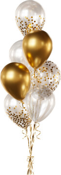 Balloon bouquet with transparent, gold confetti, and gold balloons isolated on a transparent background. A bunch of realistic balloons for birthdays, weddings, anniversaries, New Year, and events..