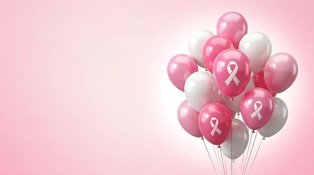 Pink and white balloons with breast cancer awareness ribbons on a pink background