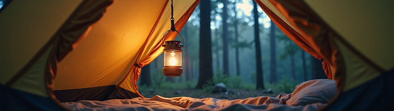 View from inside a camping tent with a glowing lantern looking out at a misty forest. Outdoor adventure and wilderness survival banner