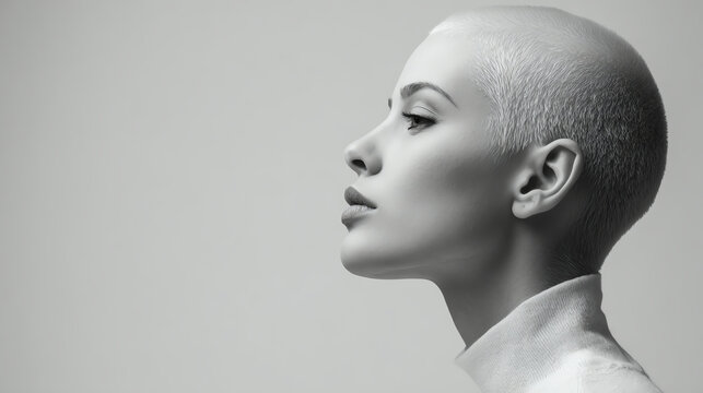 A striking black and white portrait of a bald woman exuding confidence and elegance.