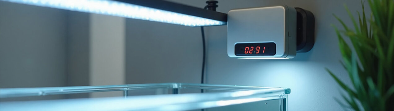Close up of a modern LED aquarium light with a digital display mounted on a glass fish tank. Aquatic pet care equipment banner
