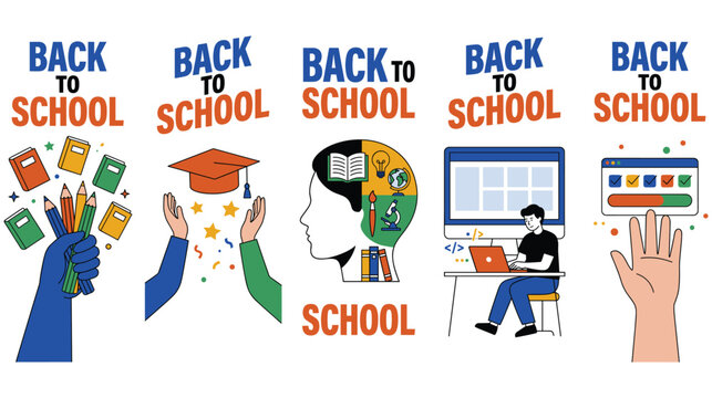 Back to school illustration with books, pencils, graduation cap and computer.