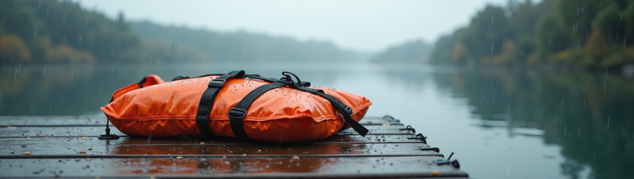 Orange life jacket on a wet wooden dock during rain. Safety equipment by the lake on a gloomy day. Panoramic banner background