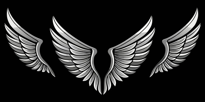 Heraldic silver metallic eagle and angel wings set, vector