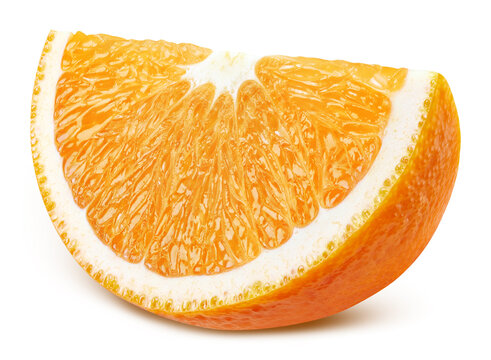 Detailed fresh orange slice with clipping path. Cut orange piece isolated white background. Natural texture of citrus fruit
